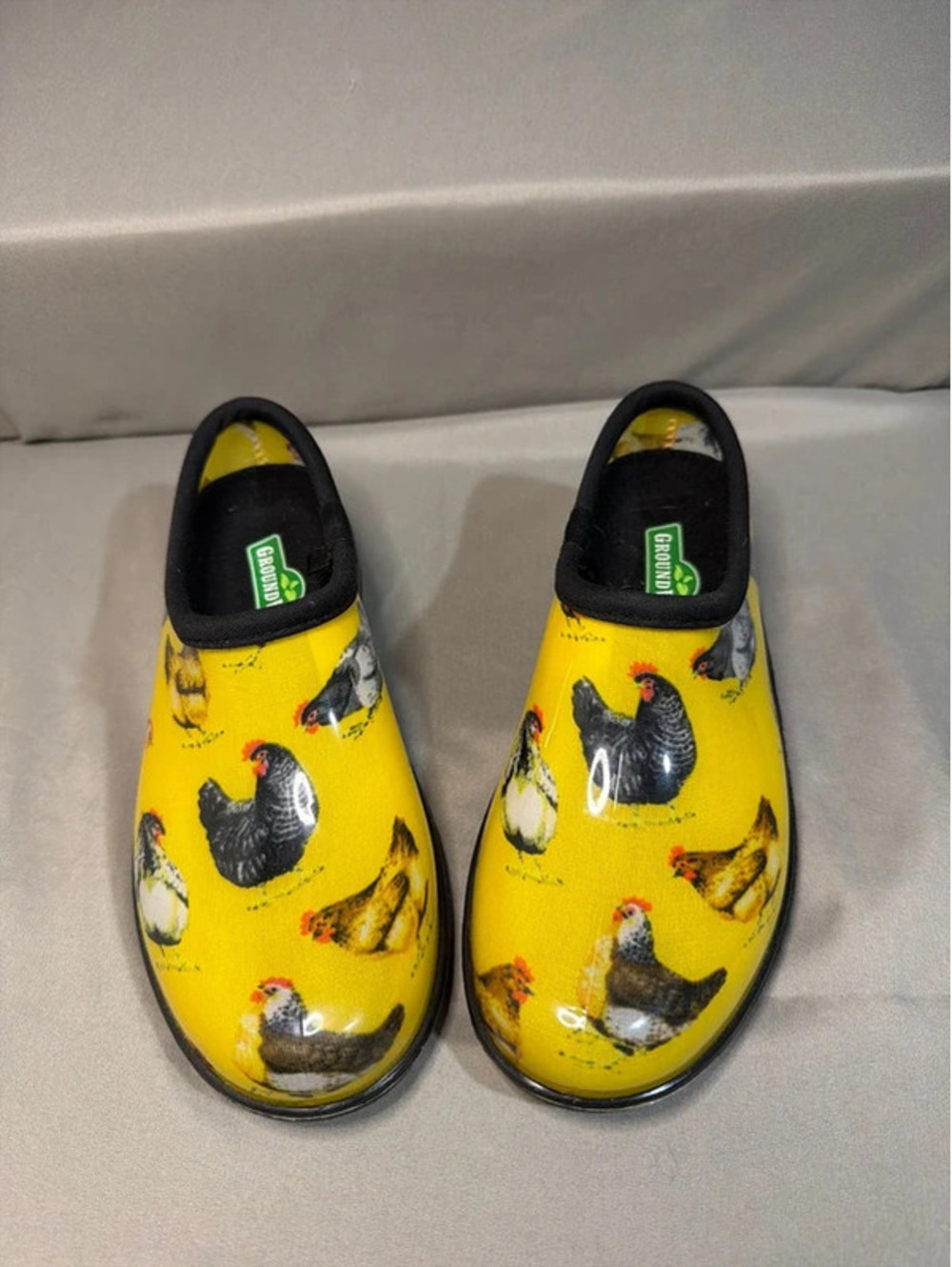 Groundswell Yellow Chicken Print Clogs - Size 6